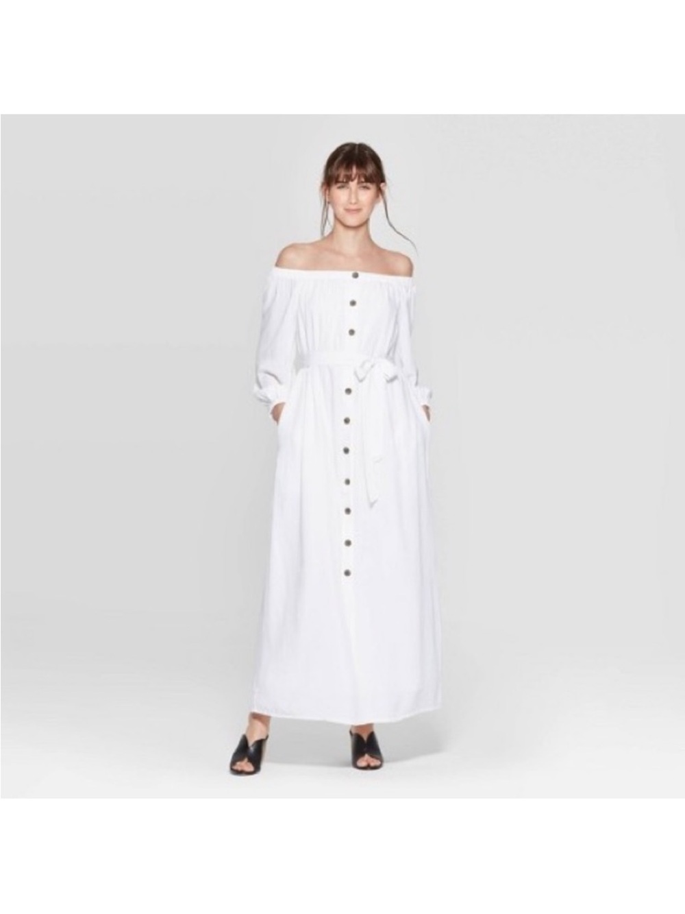 Off-Shoulder White Button-Front Maxi Dress with Tie Waist